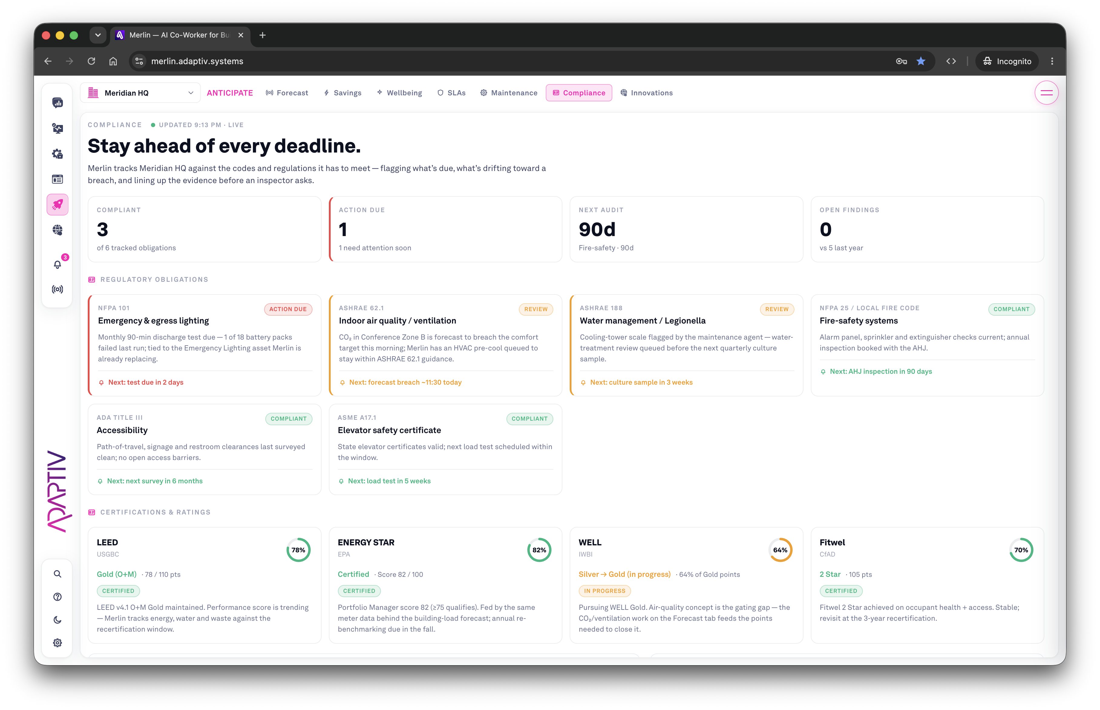 Merlin's compliance view — tracked obligations, upcoming audits, and live certification progress against WELL, LEED, BREEAM and ISO