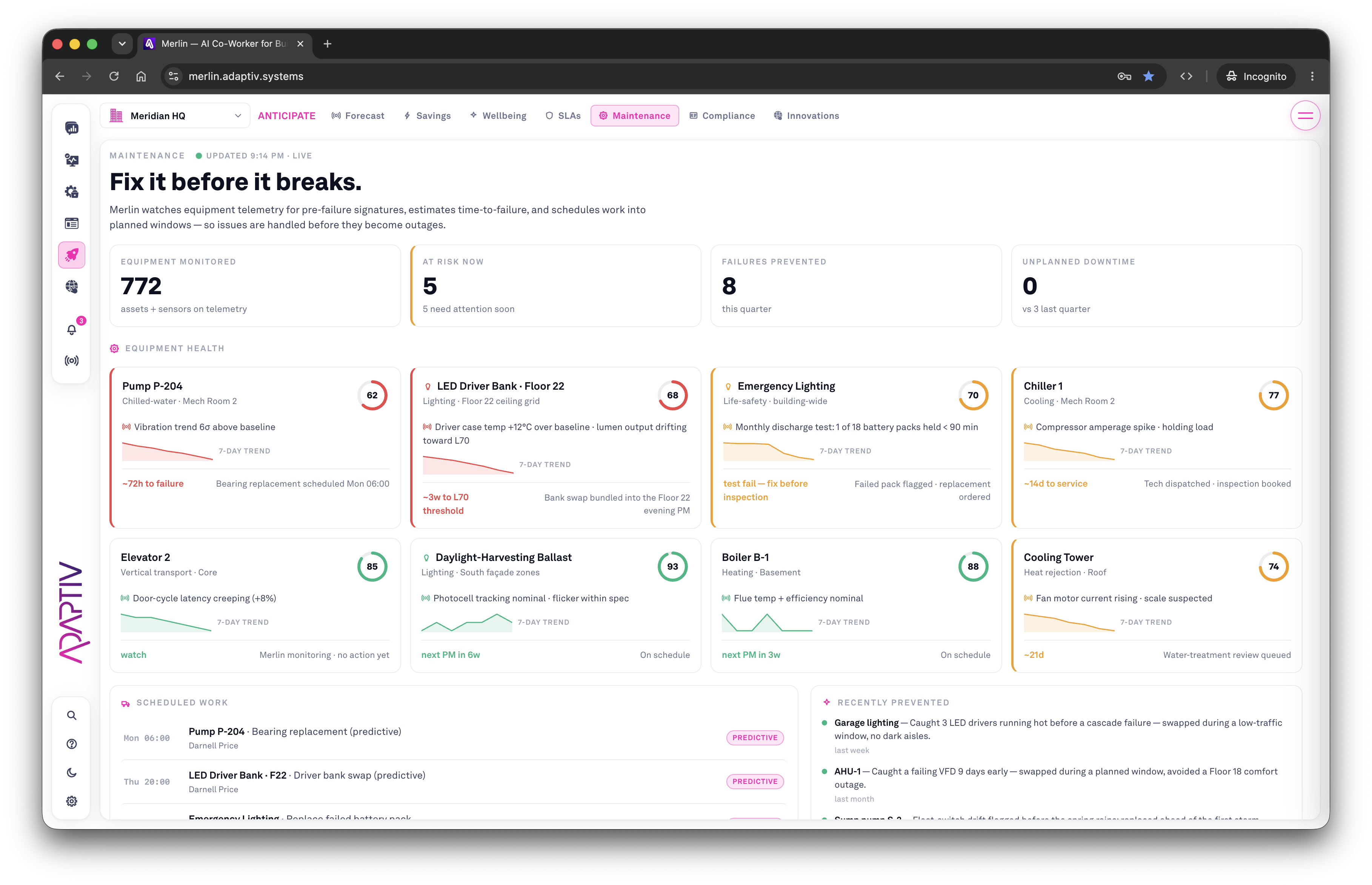 Merlin's predictive maintenance view — equipment health, time-to-failure trends, and work scheduled into planned windows